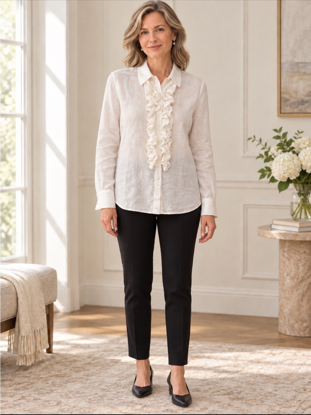 Ellen Tracy Ivory Ruffle-Front Button Down Blouse